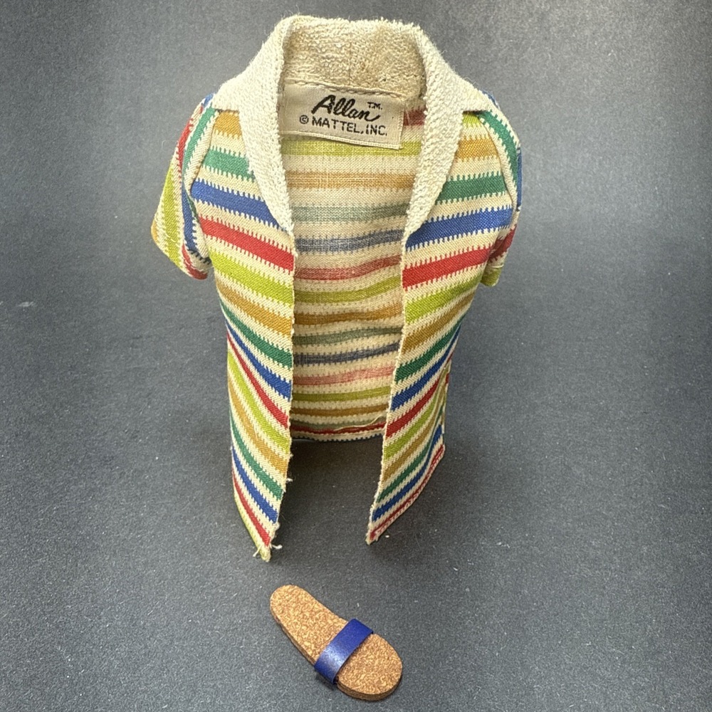 Vintage 1964 Barbie Doll Allan Beach Shirt Tag & 1 Blue Cork Sandal Near Mint